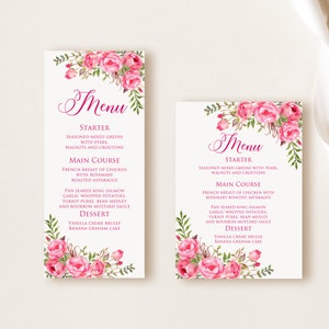 Hot Pink Menu Card, Birthday Menu Printable, Floral Wedding Menu, Pink Bridal Shower Menu, Baby Shower Menu, Digital File, W1425