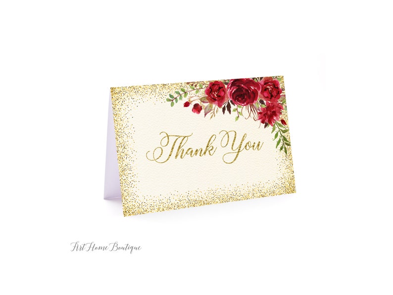 W720 Floral Folded Thanks Card Thank You Cards Ivory Red Gold Thank You Card Instant Download Thank You Notes