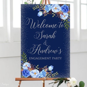 Navy Engagement Party Sign, Welcome to Our Engagement Party Sign, Blue Silver Welcome Engagement Sign, Printable Floral Welcome Sign, W555