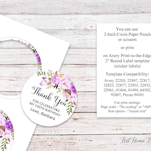 Purple Birthday Thank You Tags, Floral Birthday Favor Tags, 2 inch Round Labels, Digital File, BW101
