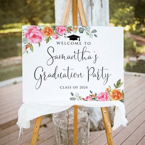 Hot Pink Orange Graduation Party Welcome Sign, Orange Pink Graduation Welcome Sign, Floral Grad Party Decor, Digital File, W215-2