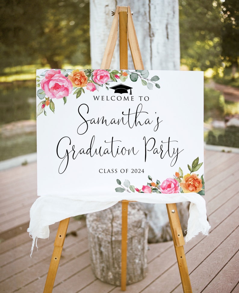 Graduationa Signs Pink Hot Pink Orange Graduation Party Welcome Sign, Orange Pink Graduation ...