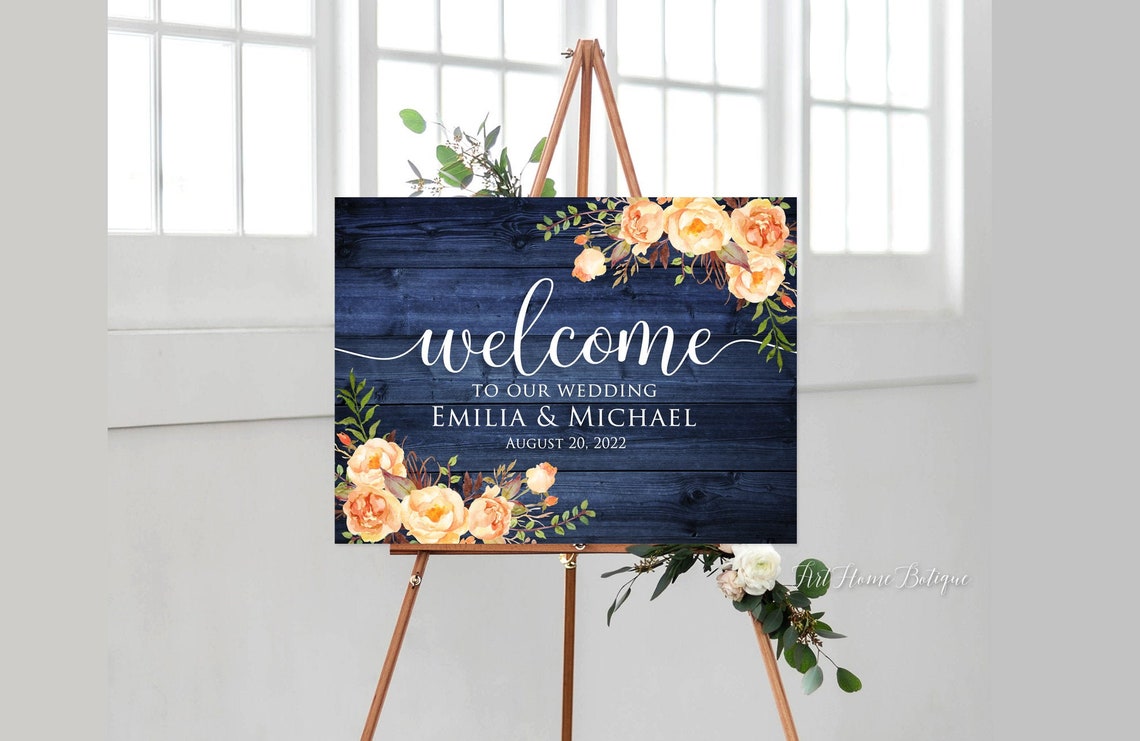 Orange Navy Wedding Welcome Sign Welcome To Our Wedding Sign image 1