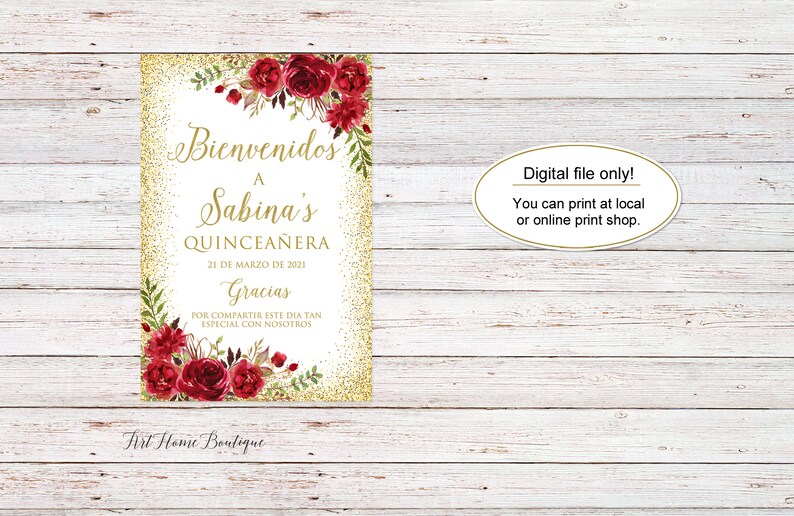 W768 Quincea\u00f1era Welcome Sign Printable Sign Red Flowers Large Welcome Sign Quincea\u00f1era Sign Red and Gold Welcome Sign