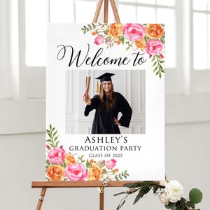 Floral Hot Pink Orange Graduation Party Welcome Sign, Photo Graduation Sign, Digital file, W57-4