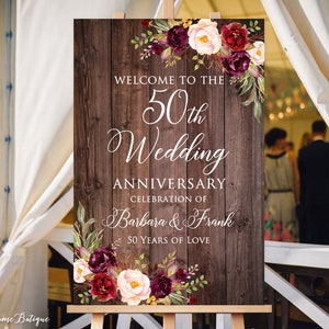50th Anniversary Welcome Sign, 50th Anniversary Decoration, Rustic Anniversary Sign, Printable Welcome Sign, Burgundy, W486