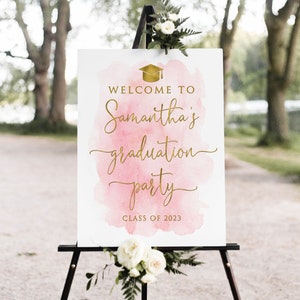 Printed or Digital Gold Pink Graduation Party Welcome Sign, Watercolor Grad Party Poster, W1206-2
