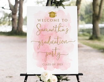 Gold and Pink Graduation Party Welcome Sign, Watercolor Graduation Welcome Sign, Grad Party Sign, Watercolor Welcome, Digital file, W1206-2