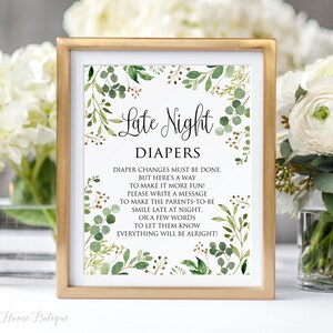 Late Night Diapers Sign, Greenery Baby Shower Sign, Diaper Thoughts Game, Eucalyptus Sign, Garden Baby Shower, BS34