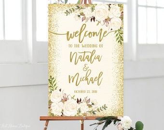 Welcome Wedding Sign, Ivory Welcome Wedding Sign, Welcome To Our Wedding Sign,  White Flowers, Printable Sign, Ivory and Gold Wedding, W425