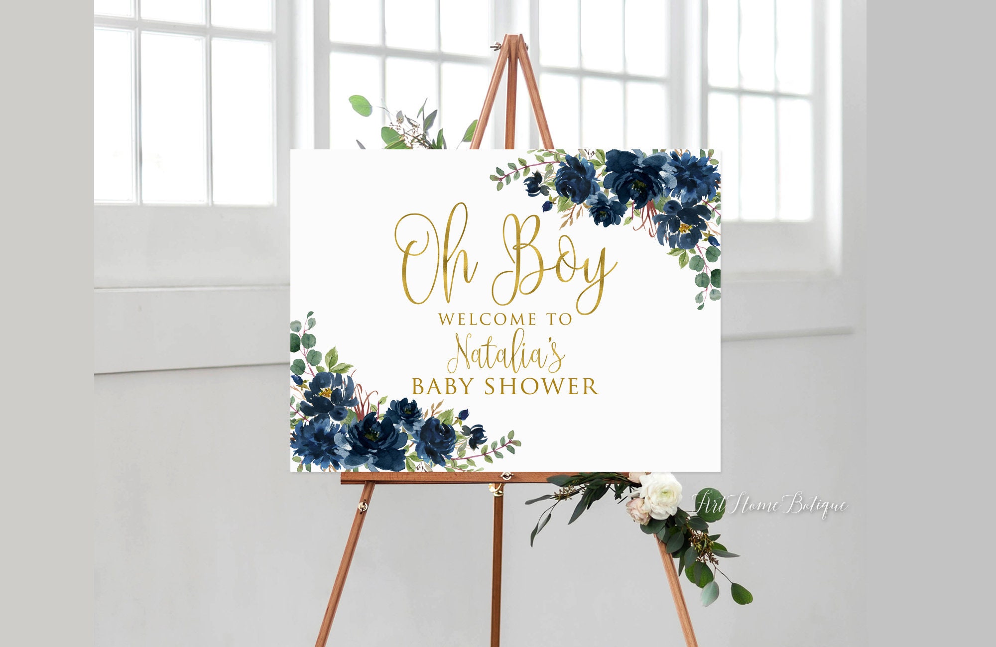 Navy Baby Shower Welcome Sign, Oh Boy Welcome Sign, Blue and Gold Baby ...