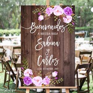 Bienvenidos a Nuestra Boda, Welcome Wedding Sign, Rustic Welcome Wedding Sign,  and Purple Flowers, Spanish Sign, Digital File, W94