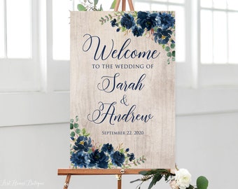 Navy Welcome Wedding Sign, Rustic Blue Welcome Wedding Sign, Floral Welcome To Our Wedding Sign, Printable Sign, Digital File, W521