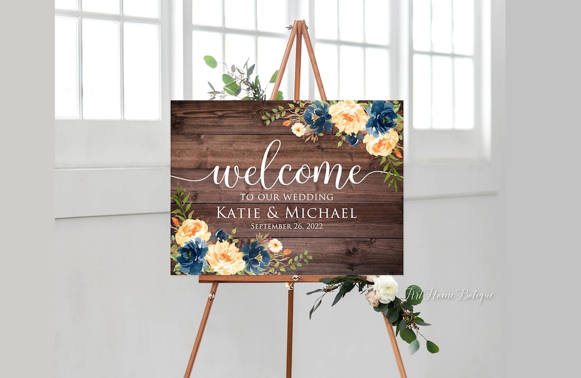 Peach Navy Wedding Sign Rustic Navy Wedding Welcome Sign image 1