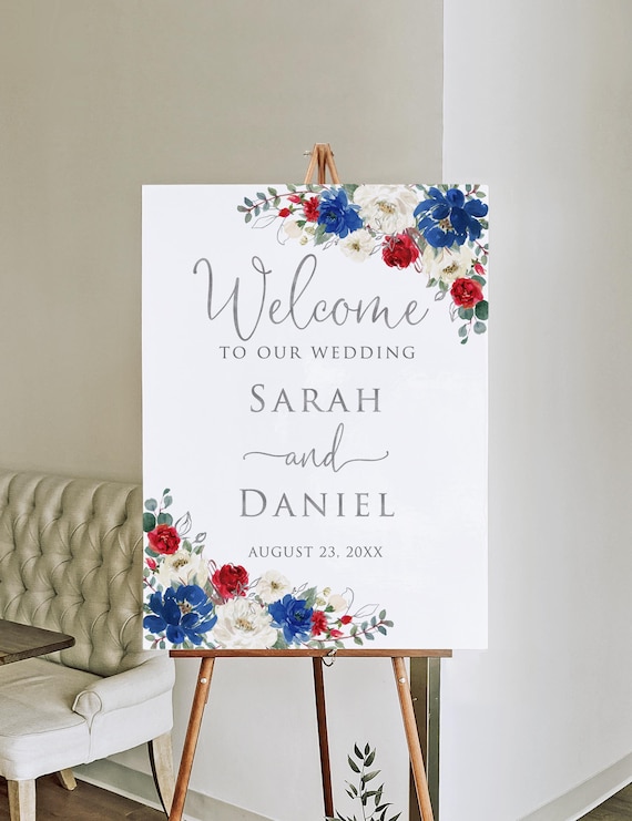 Printed or Digital Red Blue White Wedding Welcome Sign, W1652-1