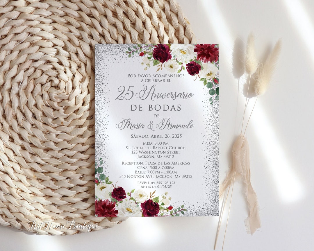 25 Aniversario De Bodas Invitation, Burgundy Anniversary Invitation, Silver  Spanish Anniversary Invitation, 25th Anniversary, W582-1 - Etsy, image size:1080x864