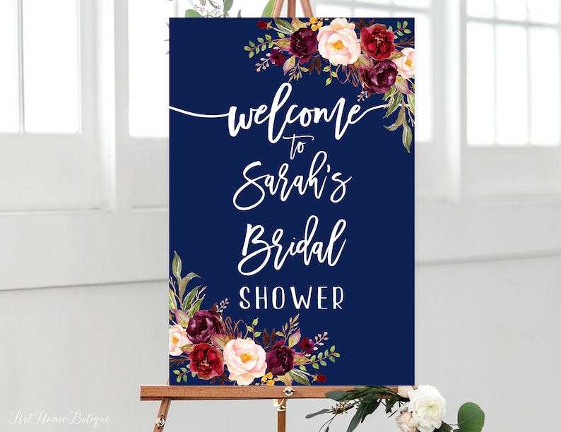 Burgundy Floral Welcome Sign Marsala Navy Bridal Shower Welcome Sign Welcome Bridal Shower Sign Large Welcome Sign W57