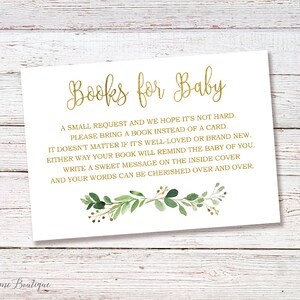 Apportez un livre au lieu d'une carte, de la verdure, apportez un livre encart pour baby shower, carte de demande de livre en or pour le jardin, TÉLÉCHARGEMENT IMMÉDIAT, BS33