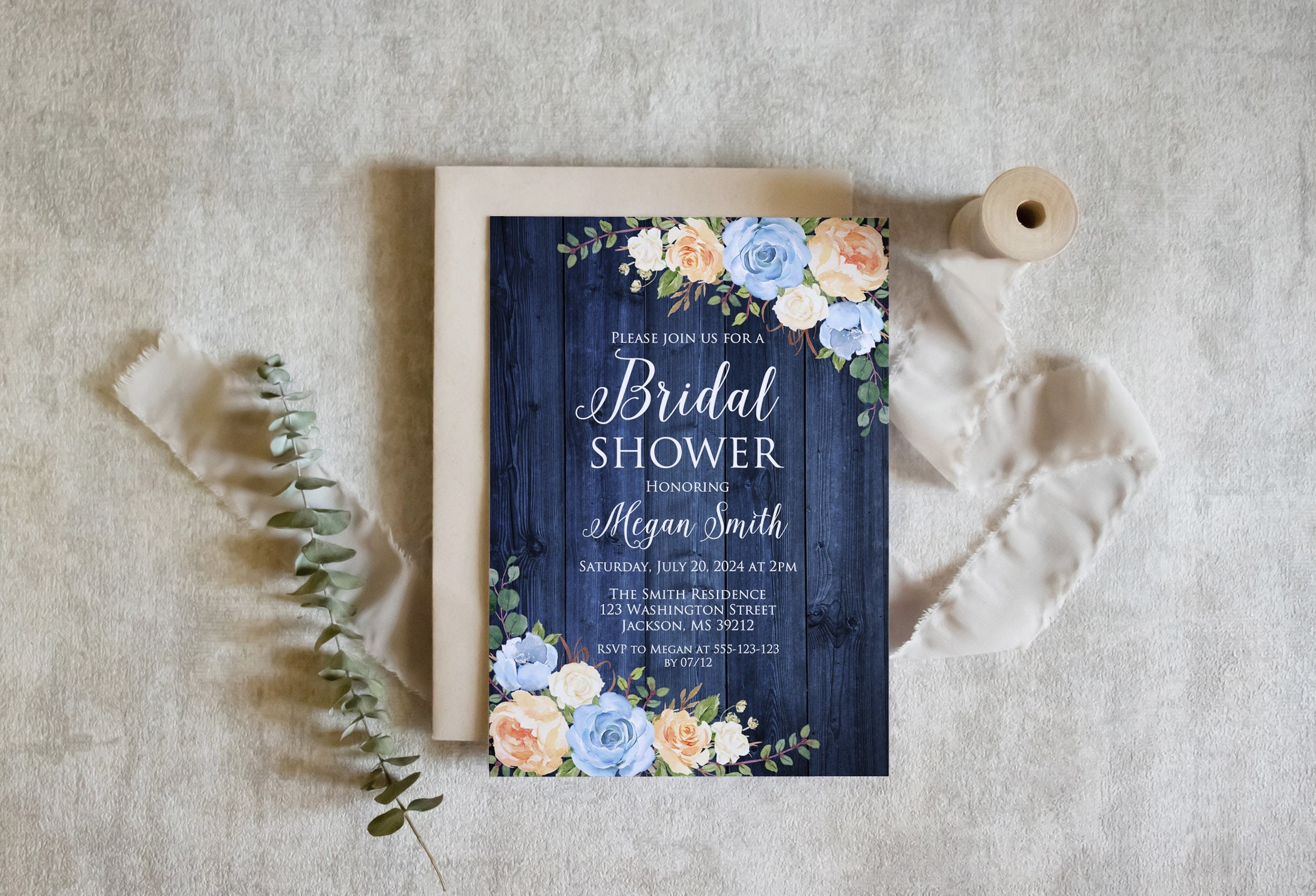Navy Bridal Shower Invitation, Ivory Peach Blue Bridal Shower Invitation,  Boho Bridal Shower Invite, Digital File, W1491, image size:2100x1430