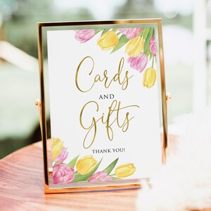 Bordje roze en gele tulpen kaarten en cadeaus, bord cadeautafel, bord bloemen kaarten en cadeaus, digitaal bestand, W360