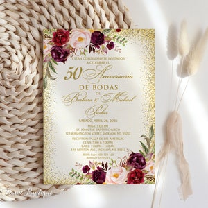 Bourgondië 50 Aniversario de Bodas uitnodiging, 50e verjaardag uitnodiging, gouden bruiloft uitnodiging, Spaanse verjaardagsuitnodiging, W156-2