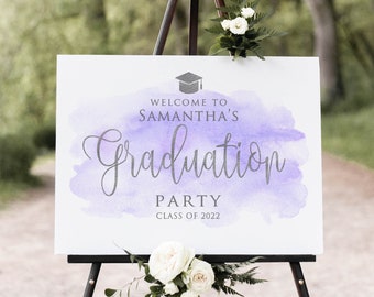 Lavender Graduation Party Welcome Sign, Watercolor Graduation Welcome Sign, Purple Silver Graduation Welcome Sign, Digital file, W1151-1