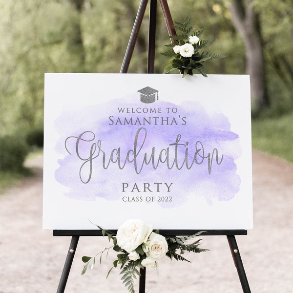 Lavender Graduation Party Welcome Sign, Watercolor Graduation Welcome Sign, Purple Silver Graduation Welcome Sign, Digital file, W1151-1