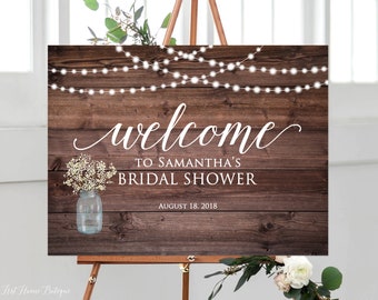 Rustic Welcome Bridal Shower Sign, Baby’s Breath Bridal Shower Welcome Sign, Horizontal, Landscape Sign, String Lights, Mason Jar, W333
