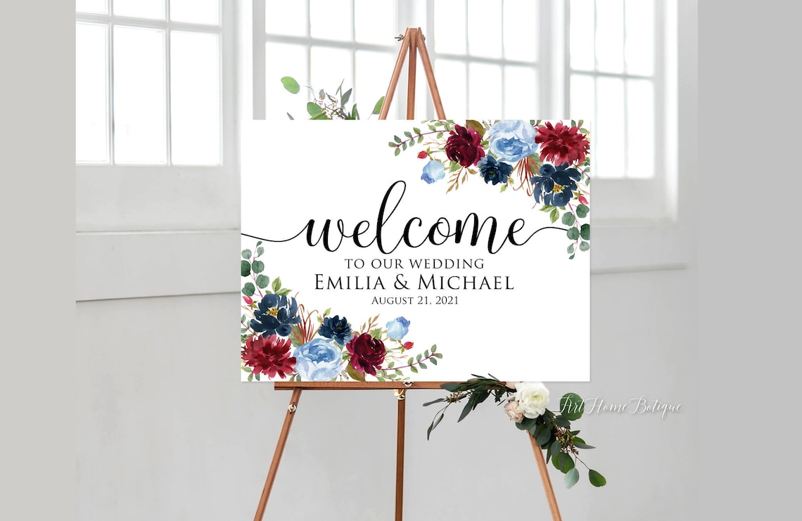 Welcome Wedding Sign Welcome To Our Wedding Sign Burgundy image 1