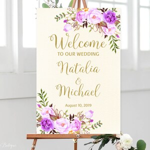 紫色のウェルカムウェディングサイン、私たちの結婚式へようこそサイン、大きなウェルカムサイン、印刷可能なウェディングサイン、アイボリーと紫、ゴールド、W466