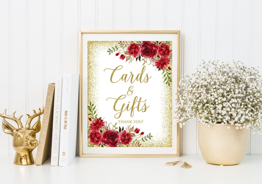 Red Floral Cards and Gifts Sign, Gift Table Sign, Floral Printable Sign ...