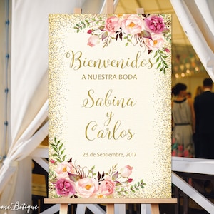Bienvenidos a Nuestra Boda, Welcome To Our Wedding Sign, Ivory Gold Welcome Wedding Sign, Spanish Sign, Gold Welcome Sign, Digital file, W23