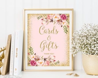 Cards and Gifts Sign, Gift Table Sign, Floral Printable Sign, Blush Pink and Gold Sign, Boho Floral Cards and Gifts Sign, #W02