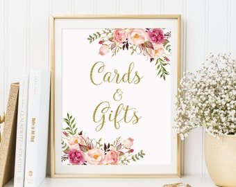 Cards and Gifts Sign, Gift Table Sign, Floral Printable Sign, Boho Cards and Gifts Sign Printable, Blush and Gold, W169