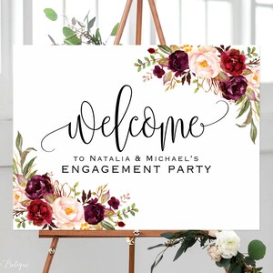 Engagement Party Sign, Burgundy Welcome Sign, Welcome to Our Engagement Sign, Horizontal, Landscape, Printable, Marsala, Blush, W506
