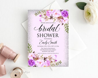 Purple Bridal Shower Invitation, Silver Bridal Shower Invitation, Floral Bridal Shower Invitation, Watercolor Invitation, W268
