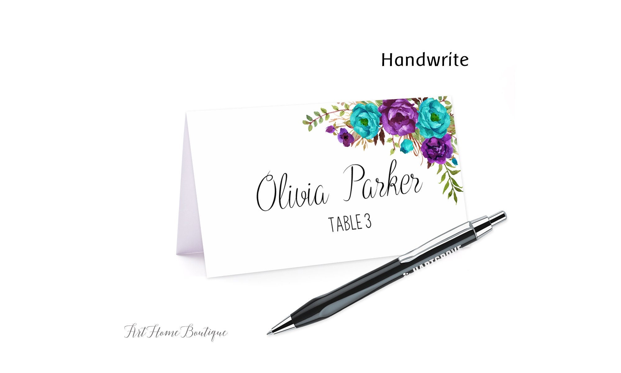 Teal and Purple Place Card, Food Tents, Name Card, Seating Card, Instant Download, Digital File, Teal and Purple Wedding Place Cards, #W1234