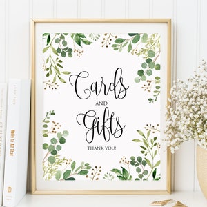 Tarjetas de jardín y letrero de regalos, letrero de mesa de regalo de vegetación, tarjetas de eucalipto y letrero de regalos, boda en el jardín, W34, BS34