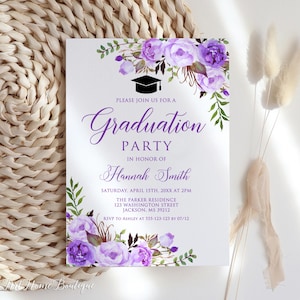 Invitación de graduación color lavanda, invitación de graduación morada, invitación floral para fiesta de graduación, archivo digital, W1428