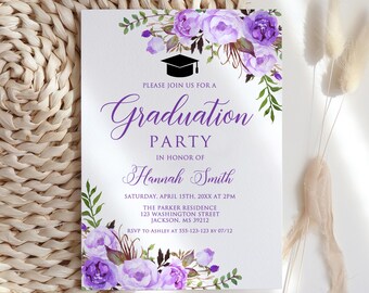 Lavender Graduation Invitation, Purple Graduation Invitation, Floral Grad Party Invite, Digital File, W1428