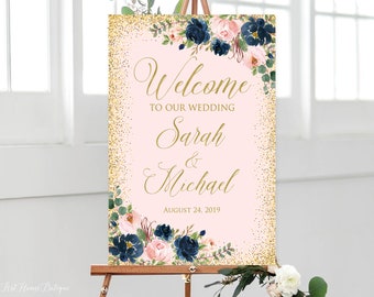 Welcome Wedding Sign, Blush Navy Gold Wedding Welcome Sign, Floral Wedding Signs Printable, W589