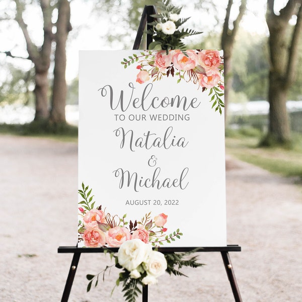 Coral Gray Wedding Welcome Sign, Welcome To Our Wedding Sign, Coral and Gray Wedding Decorations, Digital file, W935