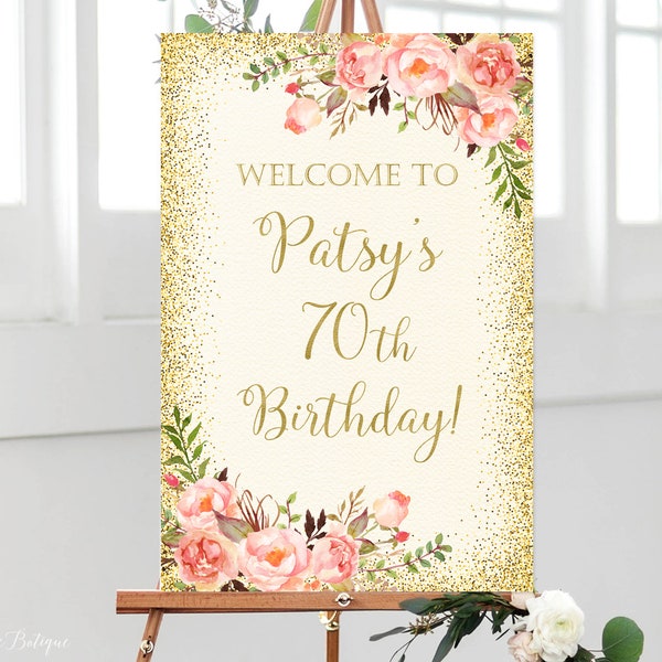 Coral Birthday Welcome Sign, Welcome to Birthday Sign, Large Welcome Sign, Floral Coral and Gold Birthday Welcome Sign, Digital file, W226