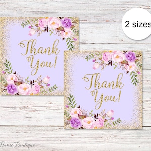 Etiquetas florais para lembrancinhas, etiquetas de agradecimento, etiquetas para lembrancinhas de lavanda e ouro, etiquetas para lembrancinhas de aniversário, 2x2 e 3x3 polegadas, download instantâneo, arquivo digital