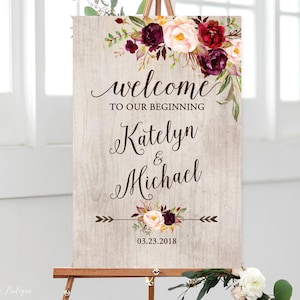 Welcome to Our Beginning Sign, Rustic Marsala Welcome Wedding Sign, Welcome To Our Wedding Sign, Burgundy Floral, Printable Sign, W133