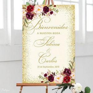 Bienvenidos a Nuestra Boda, Welcome To Our Wedding Sign, Ivory Gold Welcome Wedding Sign, Spanish Sign, Gold Welcome Sign, Marsala, W156