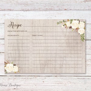 Recipe Card, Recipe Card Printable, Rustic Bridal Shower Recipe Card, Recipe Card Templates, 4x6 Recipe Card, Digital File, #W249