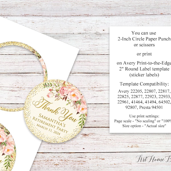 Blush Gold Retirement Party Favor Tags, Retirement Party Thank You Tags, 2 inch Round Labels, Floral Favor Tags, W1136-1