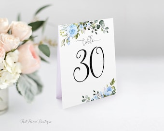 Tented Table Numbers, Folded Table Numbers, Tent Table Numbers, 1-30 Table Numbers, Floral Blue Table Numbers, W1411-2