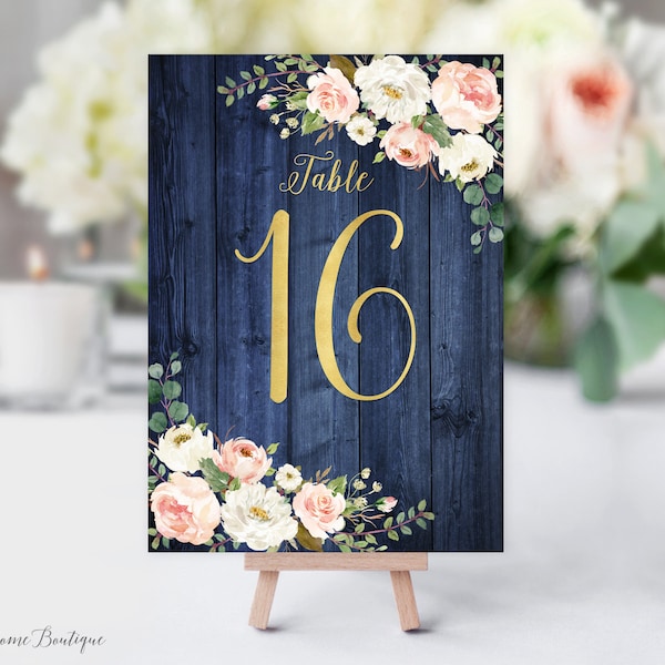 Navy Rustic Table Numbers, Blue and Gold Wedding Table Numbers, Navy Table Numbers, Birthday Table Numbers, Blush and White Flowers, W888